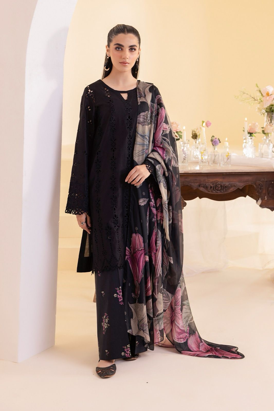 Midnight Flora & Chikankari Lawn Suit in Deep Black with Digital Floral Dupatta