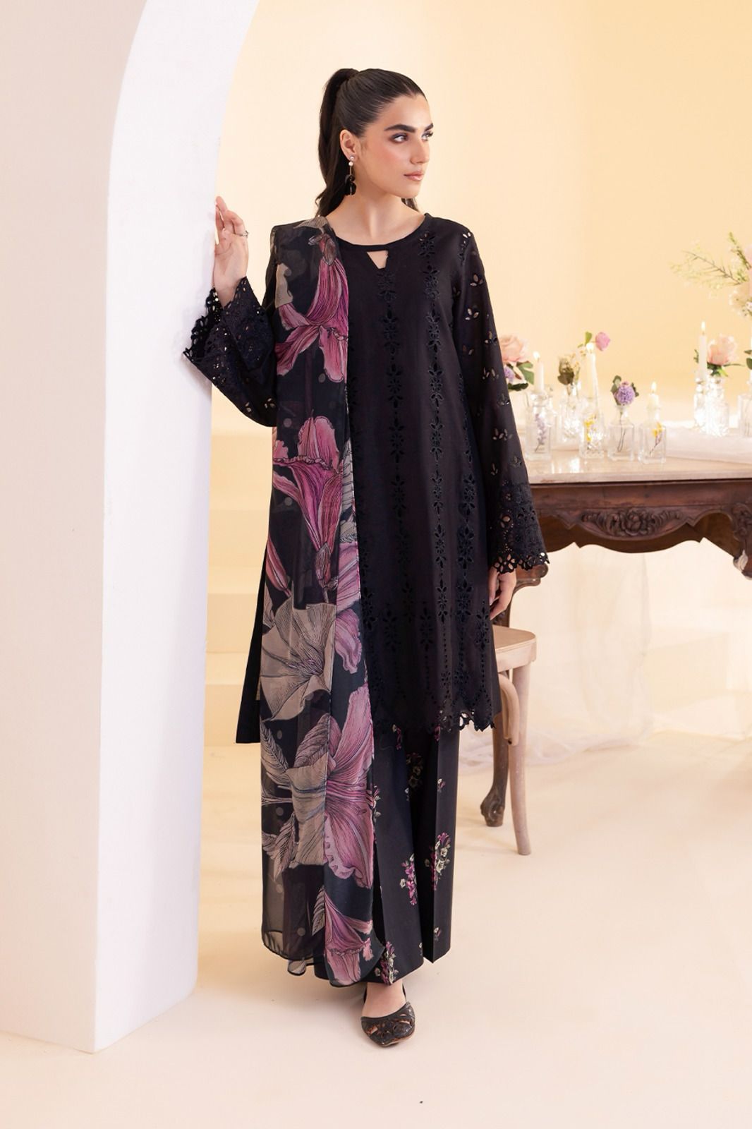 Midnight Flora & Chikankari Lawn Suit in Deep Black with Digital Floral Dupatta