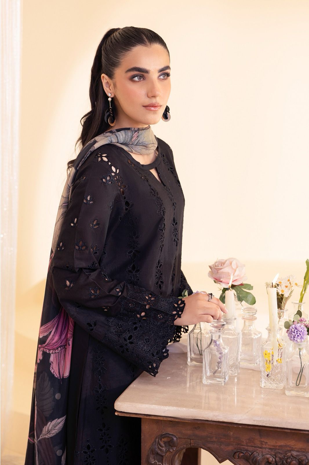 Midnight Flora & Chikankari Lawn Suit in Deep Black with Digital Floral Dupatta