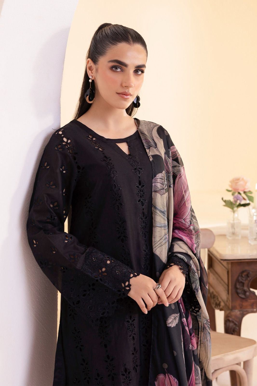 Midnight Flora & Chikankari Lawn Suit in Deep Black with Digital Floral Dupatta