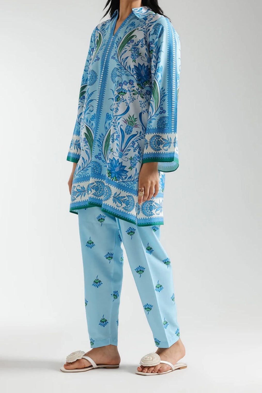 Sky Blue Printed Co-Ords 2Piece Suit with Green Paisley Printed Shirt & Matching Trouser