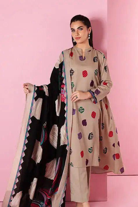 Nishat Luxury Embroidered 3 Pc Suit, Beige with Multi Color Digital Print & Wool Shawl
