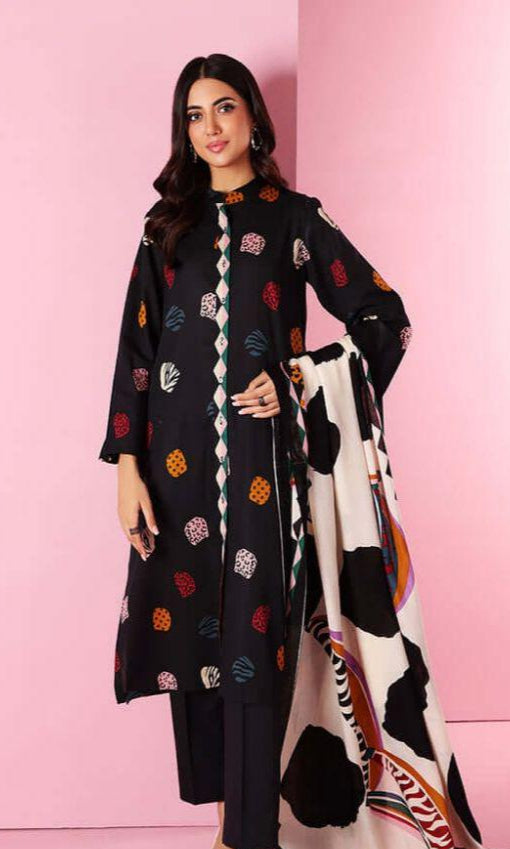 Nishat Embroidered Dhanak 3Pc with Black Printed Shirt, Plain Trousers & Digital Wool Shawl