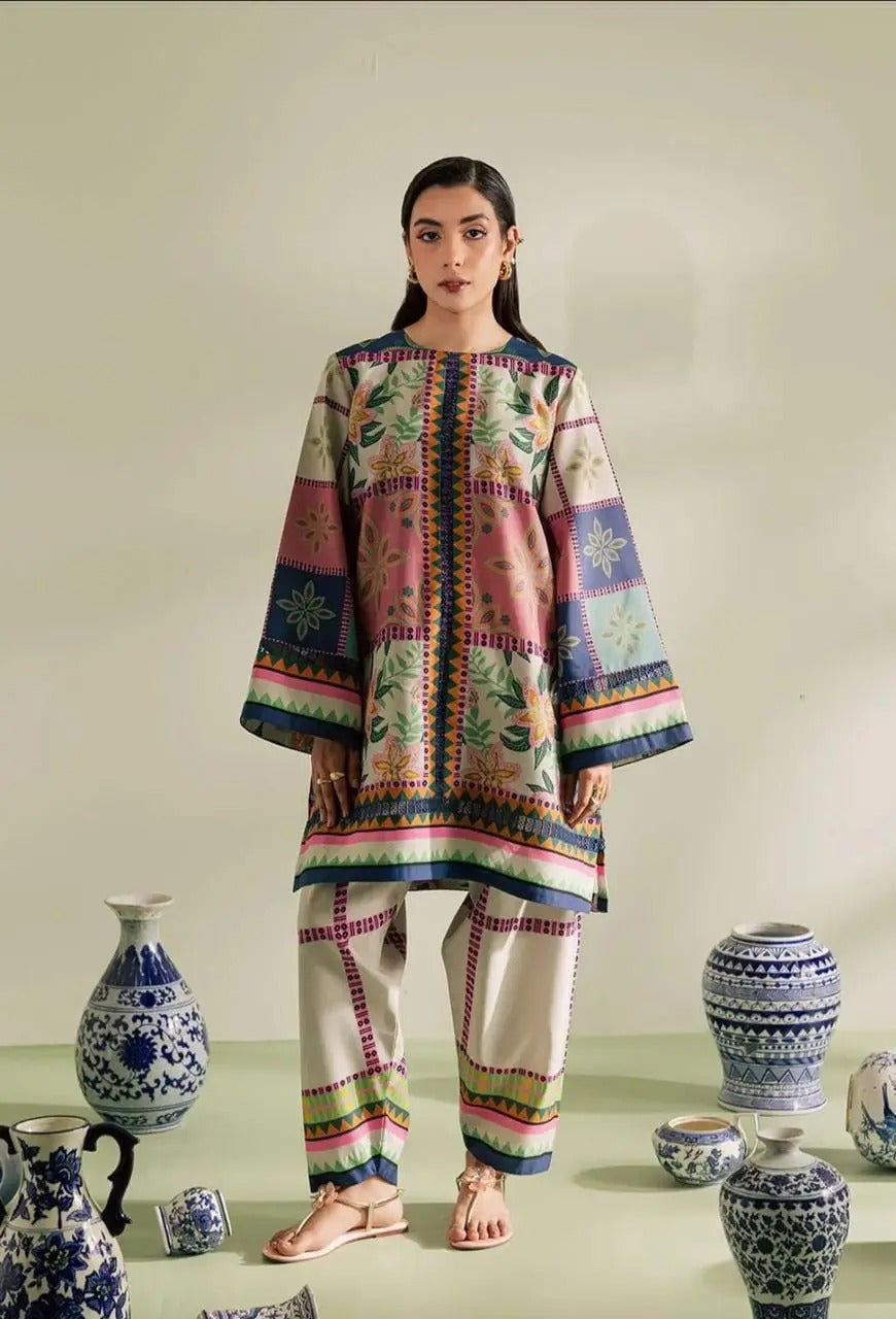 Multi Color Printed 2Pc with Premium Shirt Square Hem & Printed Trouser