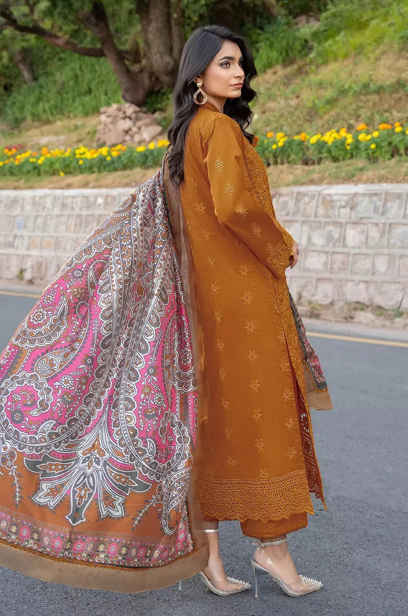 Chikankari Mustard Schiffli Lawn 3PC Suit with Embroidered Accents & Silk Dupatta