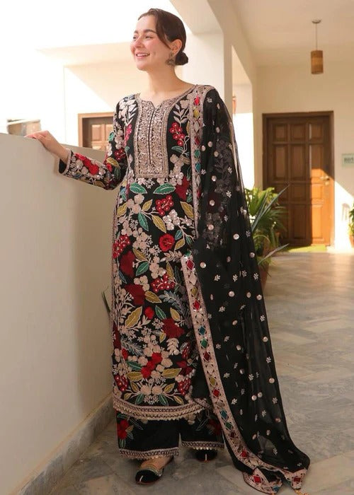 Premium Black Chiffon Embroidered 3Pc Suit with Satin Silk Trouser & Ready to Wear Dupatta