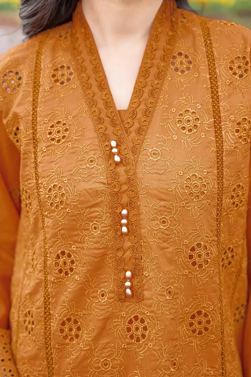 Chikankari Mustard Schiffli Lawn 3PC Suit with Embroidered Accents & Silk Dupatta