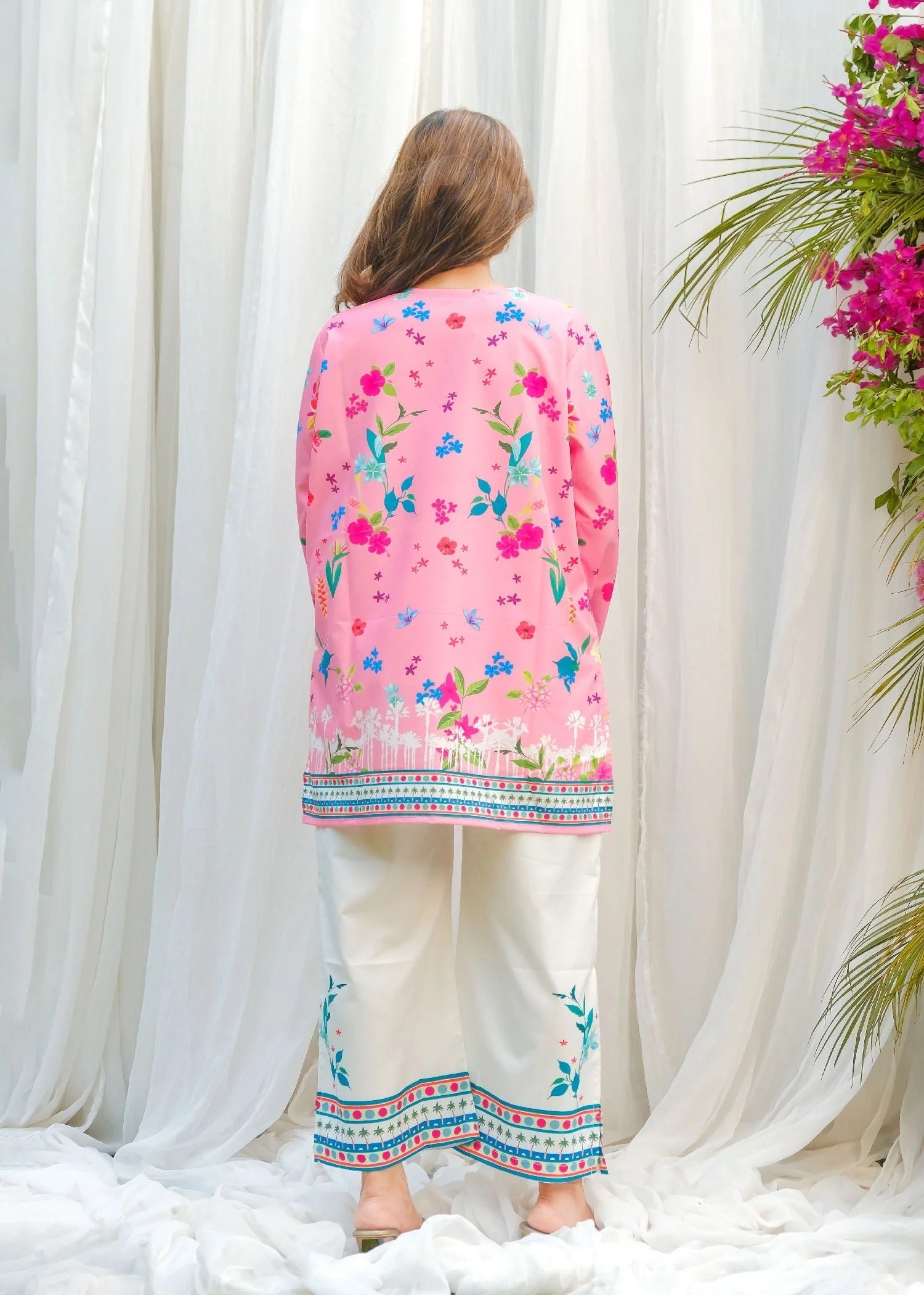 Premium Bloom Dhaga 2‑Piece Co‑Ord Set with Floral Thread work – Pink Tunic and Ivory Trousers