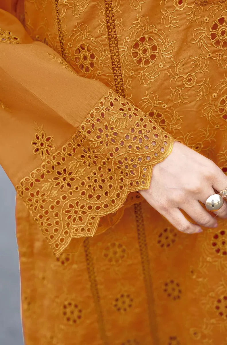 Chikankari Mustard Schiffli Lawn 3PC Suit with Embroidered Accents & Silk Dupatta