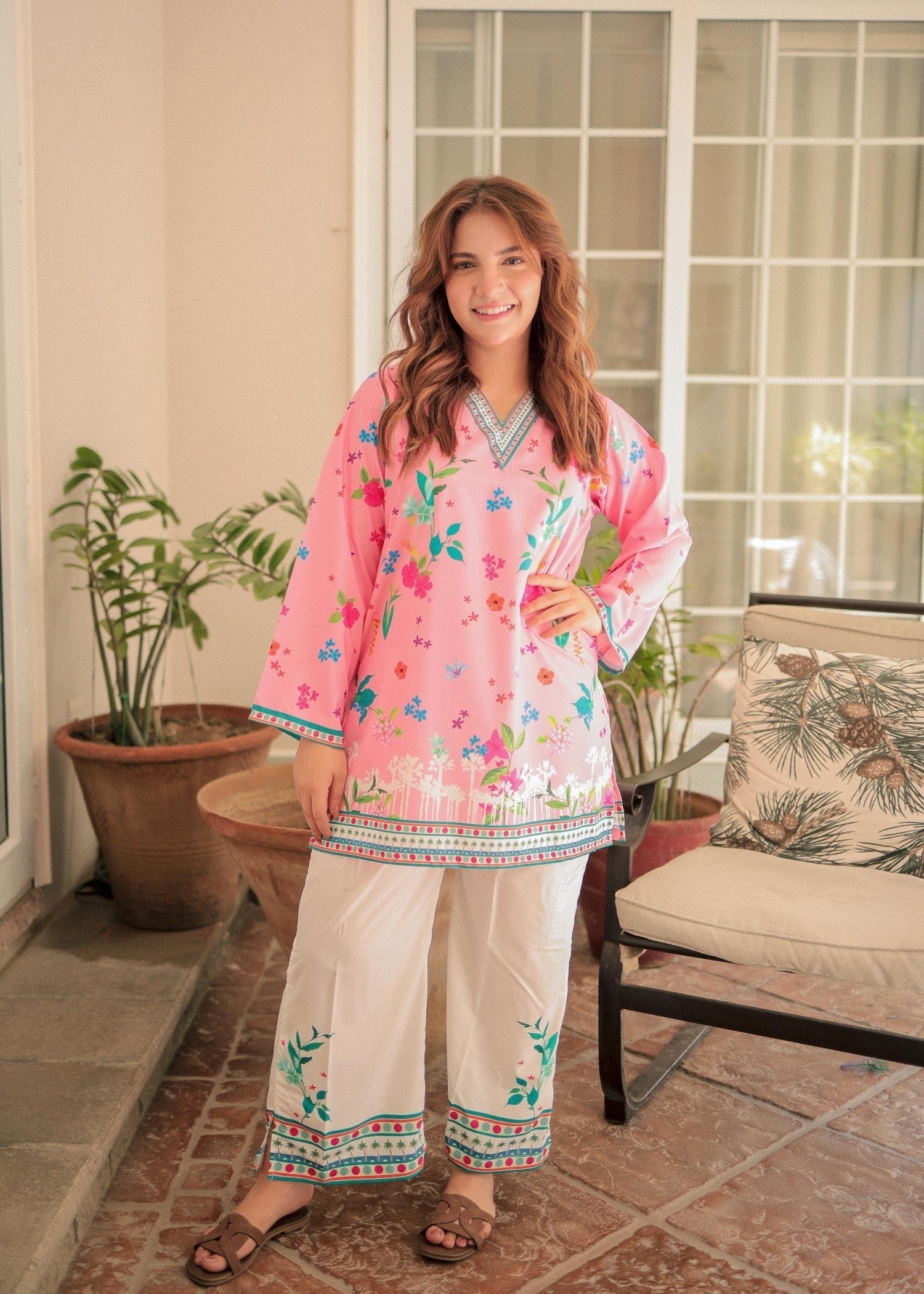 Premium Bloom Dhaga 2‑Piece Co‑Ord Set with Floral Thread work – Pink Tunic and Ivory Trousers