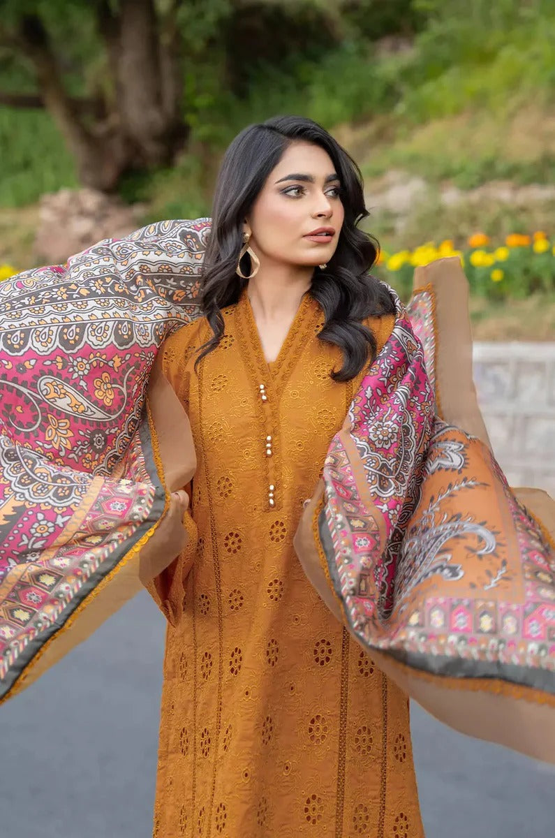 Chikankari Mustard Schiffli Lawn 3PC Suit with Embroidered Accents & Silk Dupatta