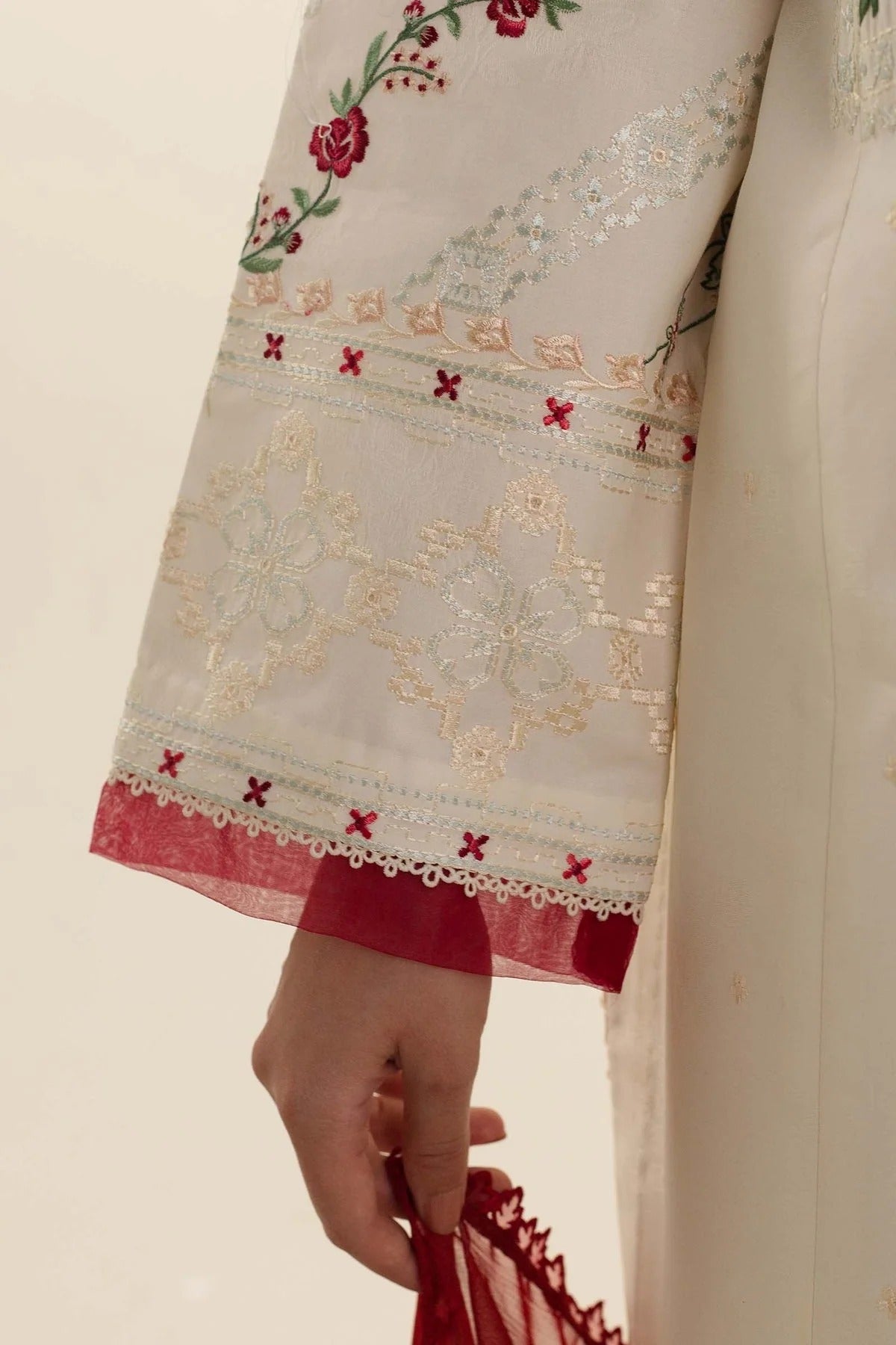 Cream & Red Lawn Embroidered Unstitched 3Pc Suit, Luxury Patchwork with Printed Dupatta