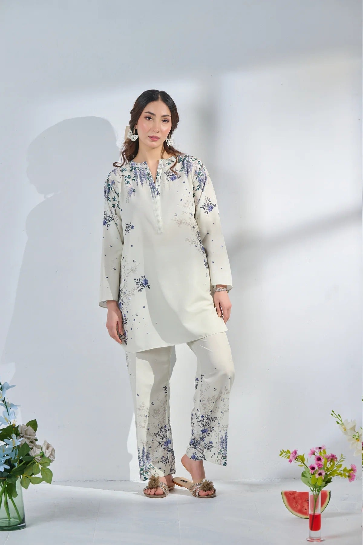 Graceful White & Lavender Floral 2Pc CoOrd Set with Chic Style Shirt, Printed Trouser