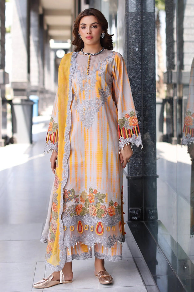 Charizma Embroidered 3Pc Suit with Yellow & Grey Digital Print Shirt, Embroidered Dupatta & Trouser