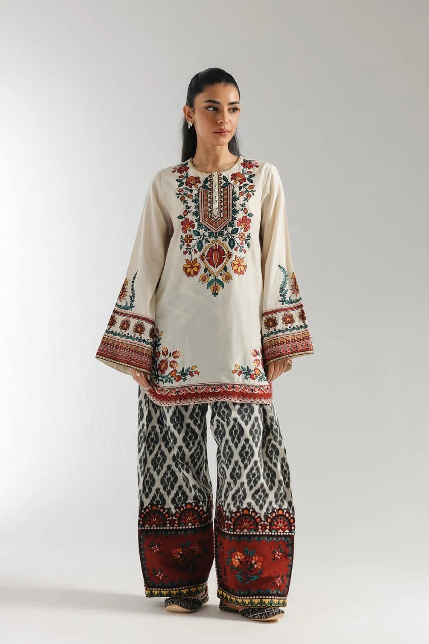 Elegant Ivory Embroidered Tunic & Maroon Flared Farshi Shalwar with 2PC Ethnic Co-Ord Set