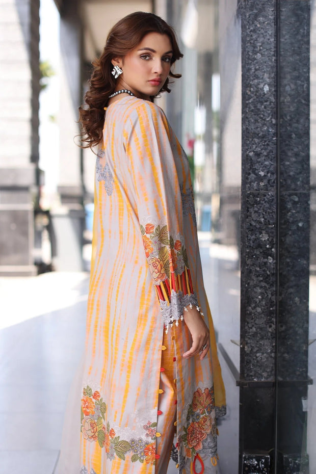 Charizma Embroidered 3Pc Suit with Yellow & Grey Digital Print Shirt, Embroidered Dupatta & Trouser