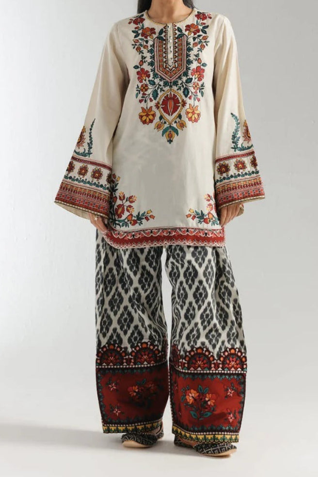 Elegant Ivory Embroidered Tunic & Maroon Flared Farshi Shalwar with 2PC Ethnic Co-Ord Set