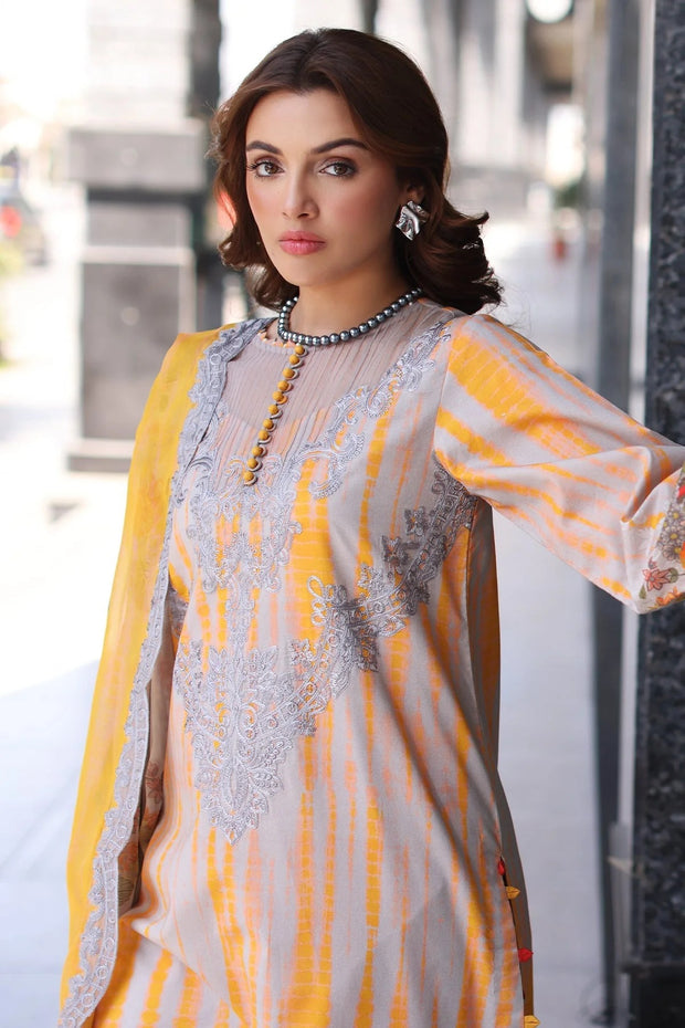 Charizma Embroidered 3Pc Suit with Yellow & Grey Digital Print Shirt, Embroidered Dupatta & Trouser