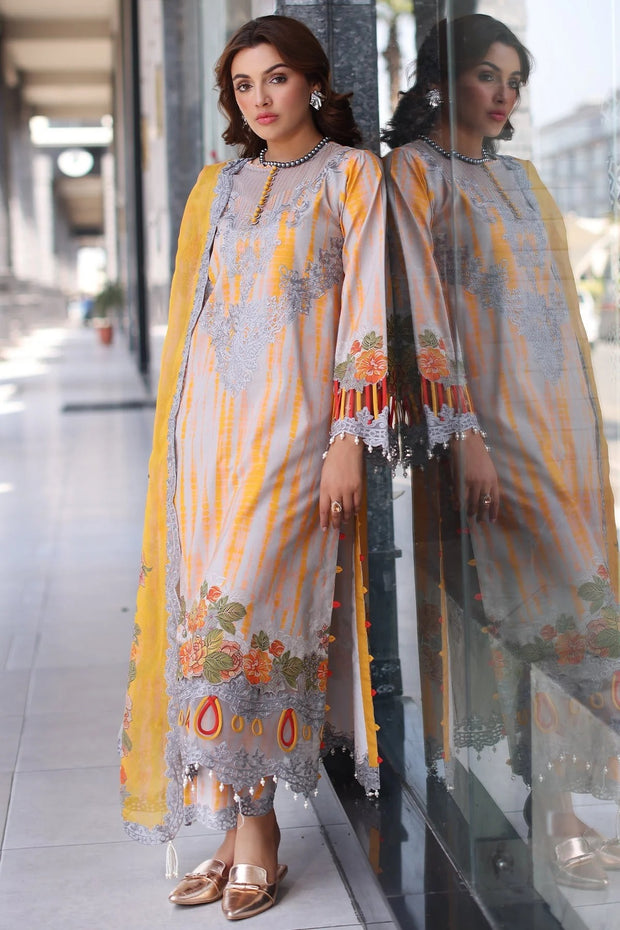 Charizma Embroidered 3Pc Suit with Yellow & Grey Digital Print Shirt, Embroidered Dupatta & Trouser