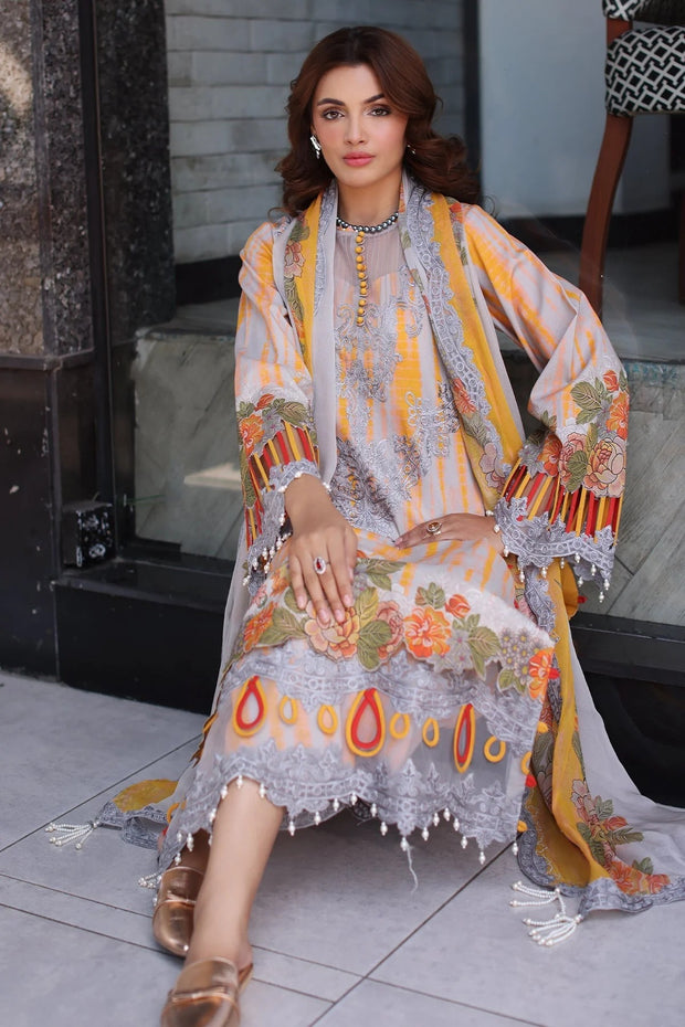 Charizma Embroidered 3Pc Suit with Yellow & Grey Digital Print Shirt, Embroidered Dupatta & Trouser
