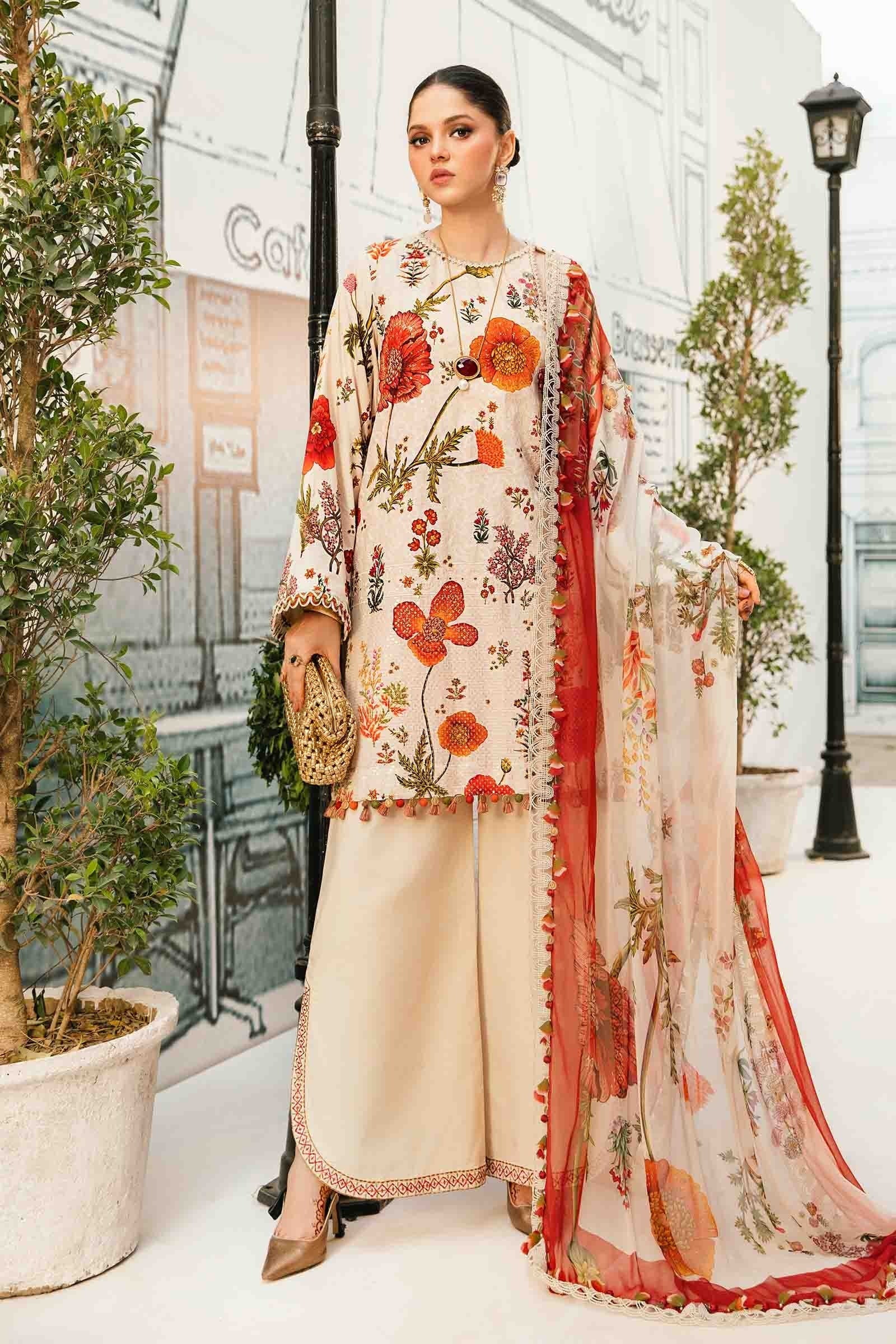 Ivory & Red Embroidered Lawn 3 Piece Suit with Dyed Cambric & Chiffon Dupatta