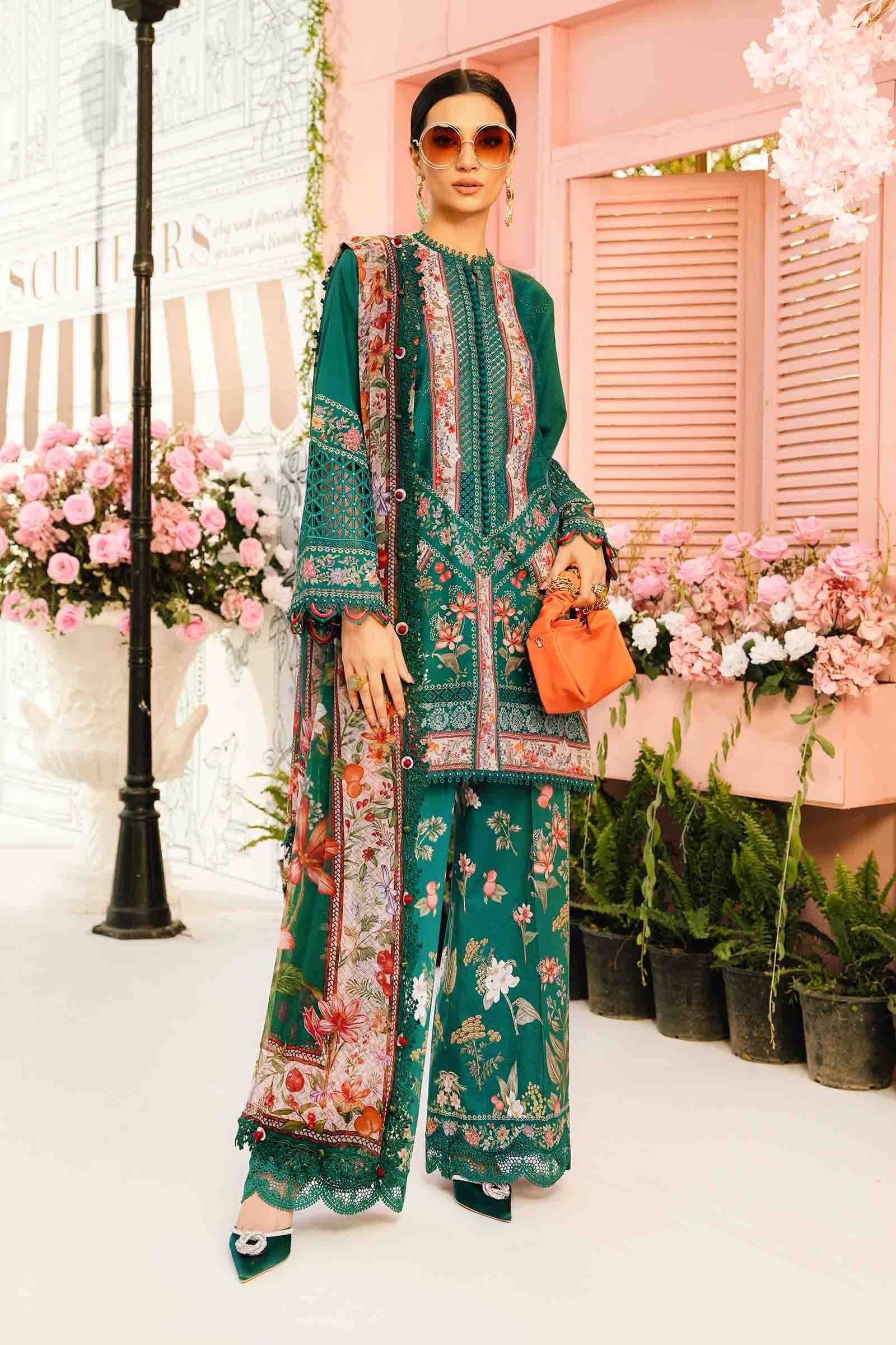 Emerald Bloom & 3 Piece Unstitched Green Lawn Suit with Organza Details