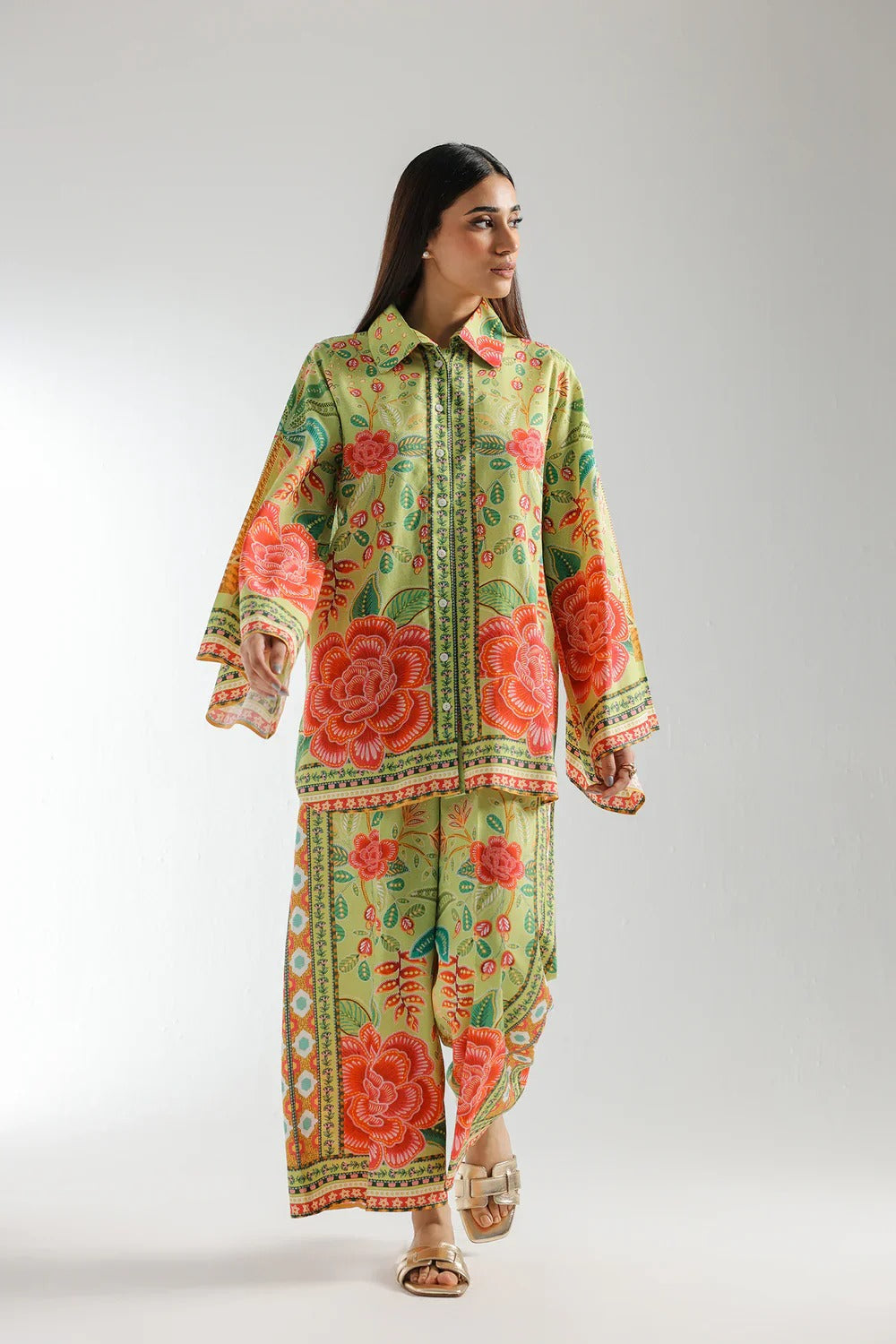 Stitched 2‑Piece Printed Shirt & Trouser – Coral Garden Harmony
