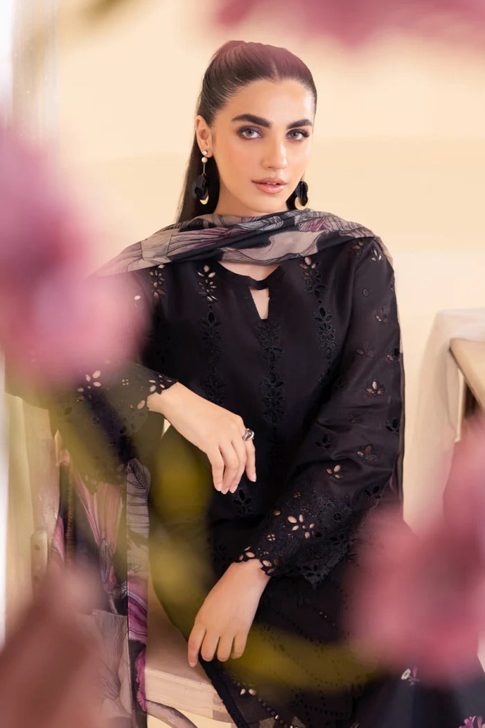 Midnight Flora & Chikankari Lawn Suit in Deep Black with Digital Floral Dupatta