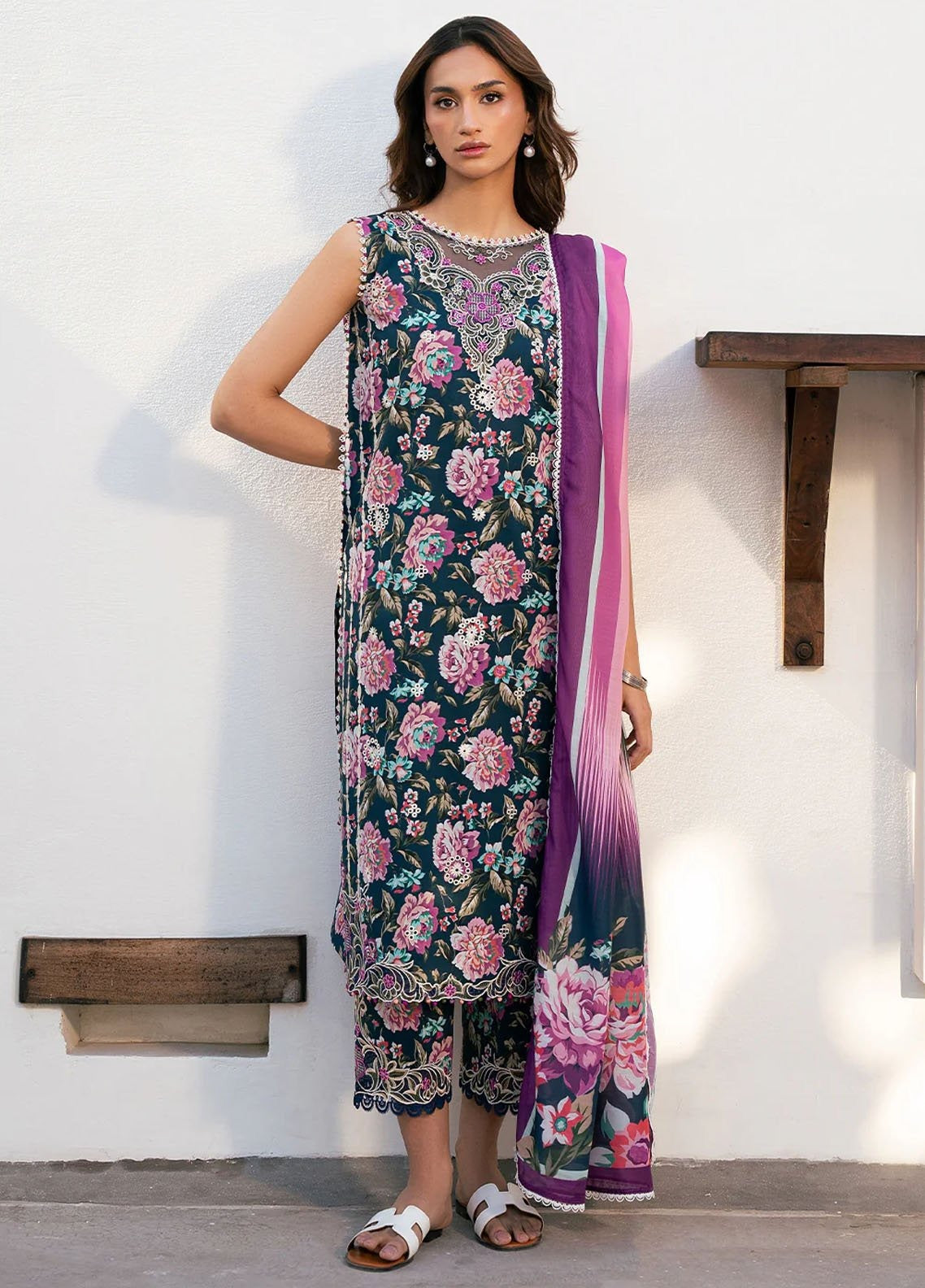 Floral Fantasy Unstitched 3 Piece Lawn Suit – Navy Base with Embroidered Details & Printed Dupatta
