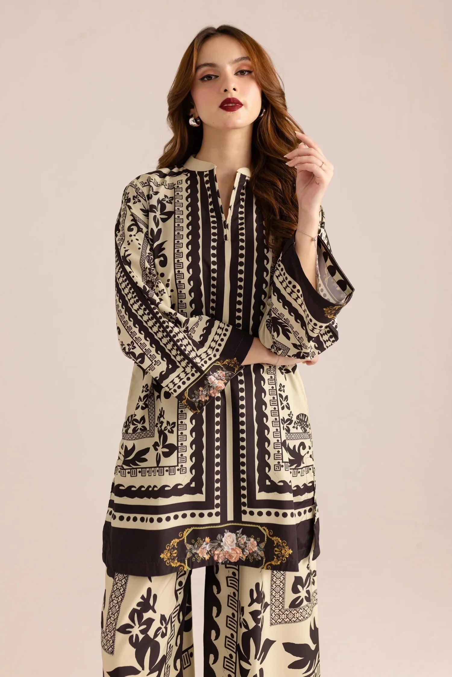 Stitched 2‑Piece Printed Shirt & Trouser – Monochrome Ornate Elegance