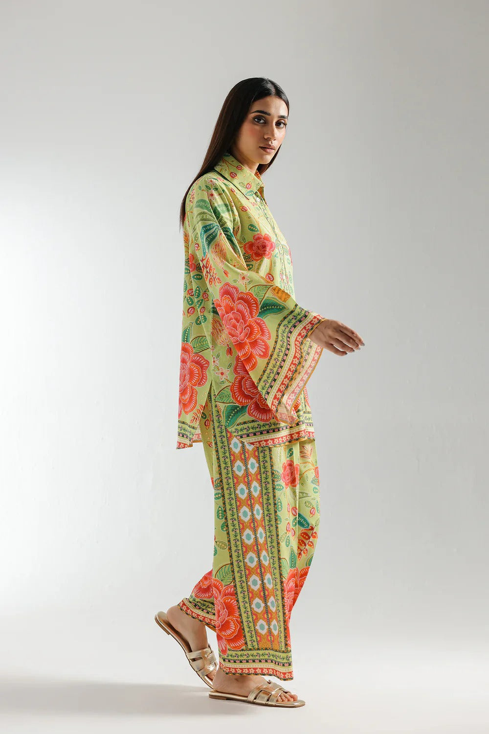 Stitched 2‑Piece Printed Shirt & Trouser – Coral Garden Harmony