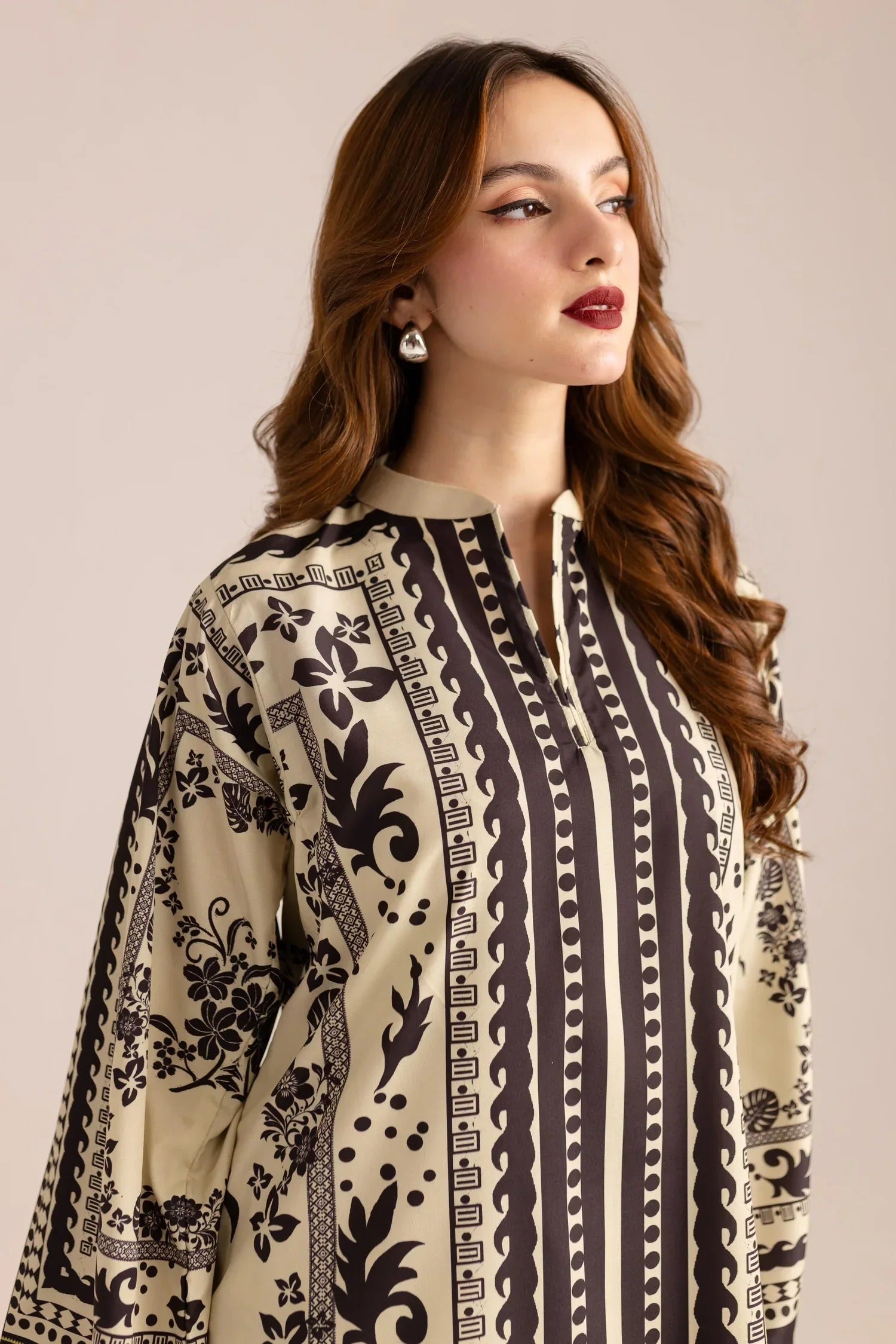 Stitched 2‑Piece Printed Shirt & Trouser – Monochrome Ornate Elegance
