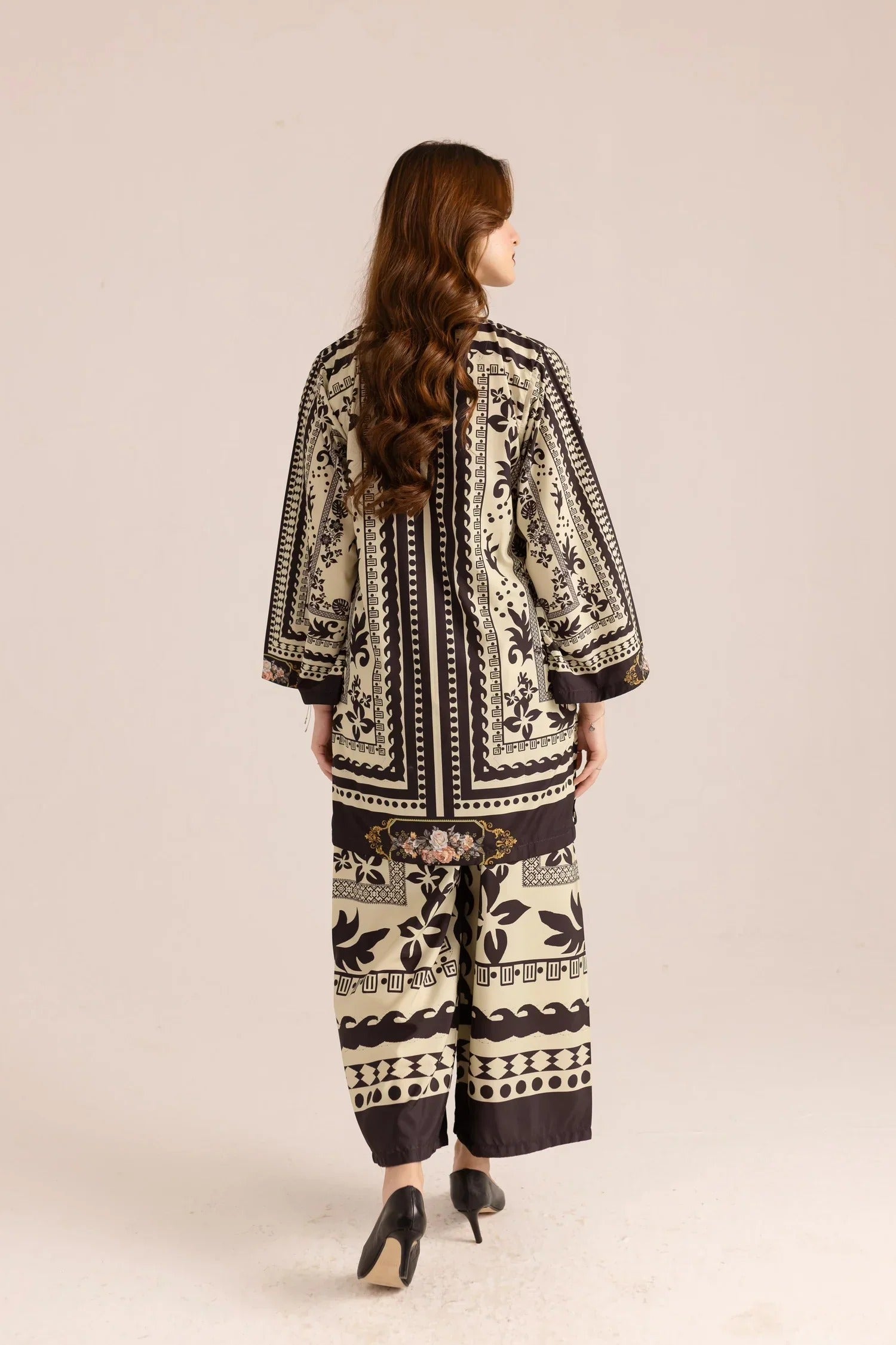 Stitched 2‑Piece Printed Shirt & Trouser – Monochrome Ornate Elegance