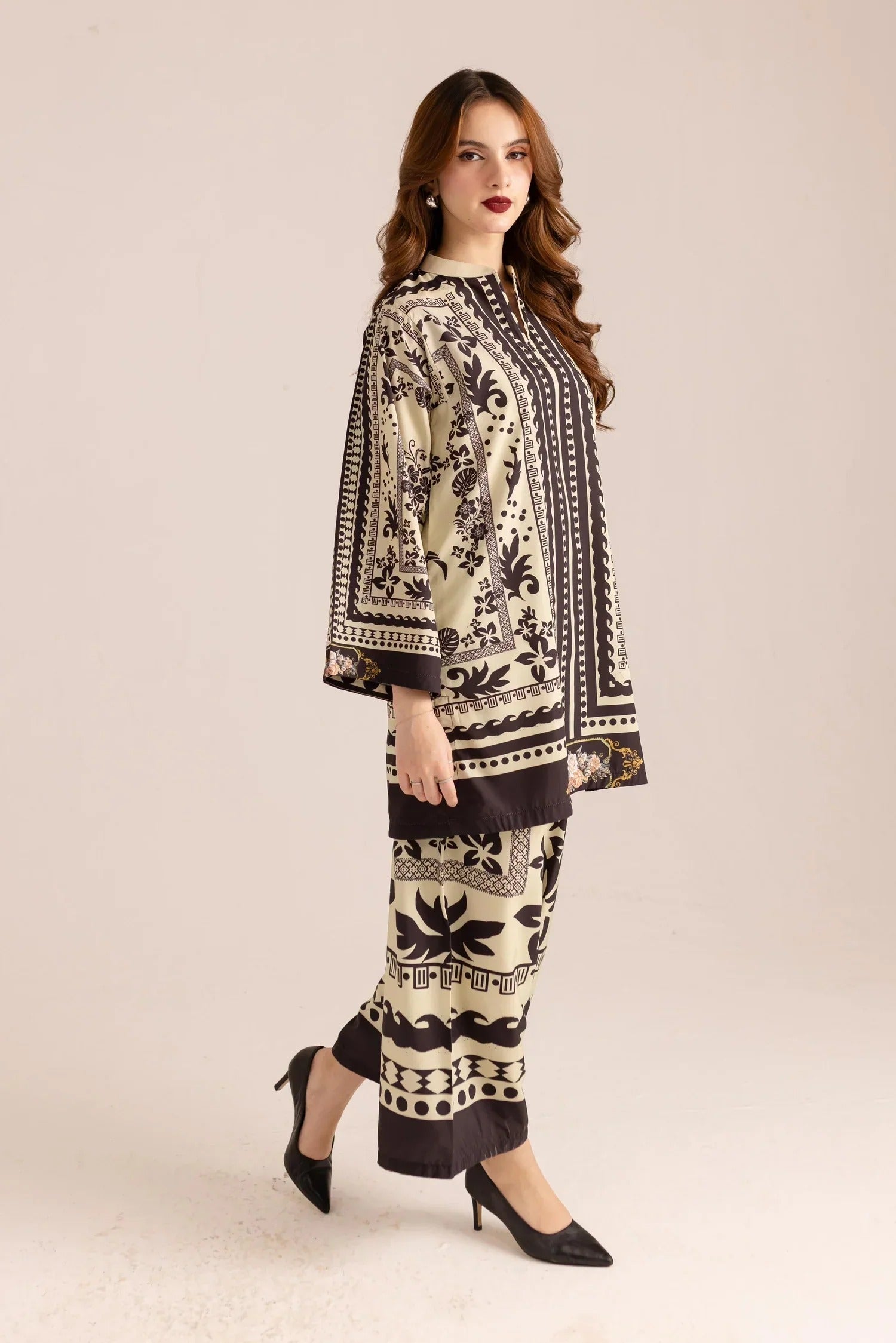 Stitched 2‑Piece Printed Shirt & Trouser – Monochrome Ornate Elegance