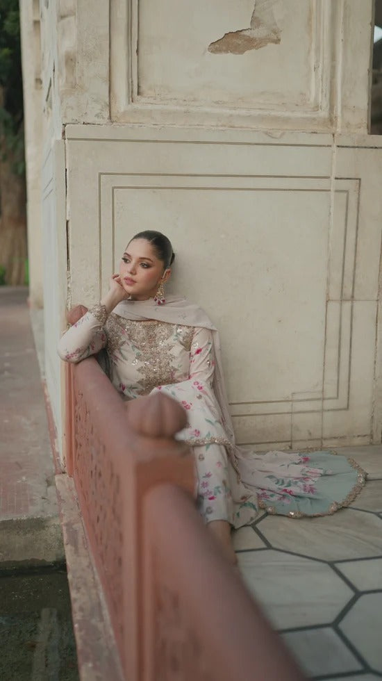 Znik Linen Embroidered 3Pc Suit with Soft Pink Floral Digital Print & Heavy Embroidery