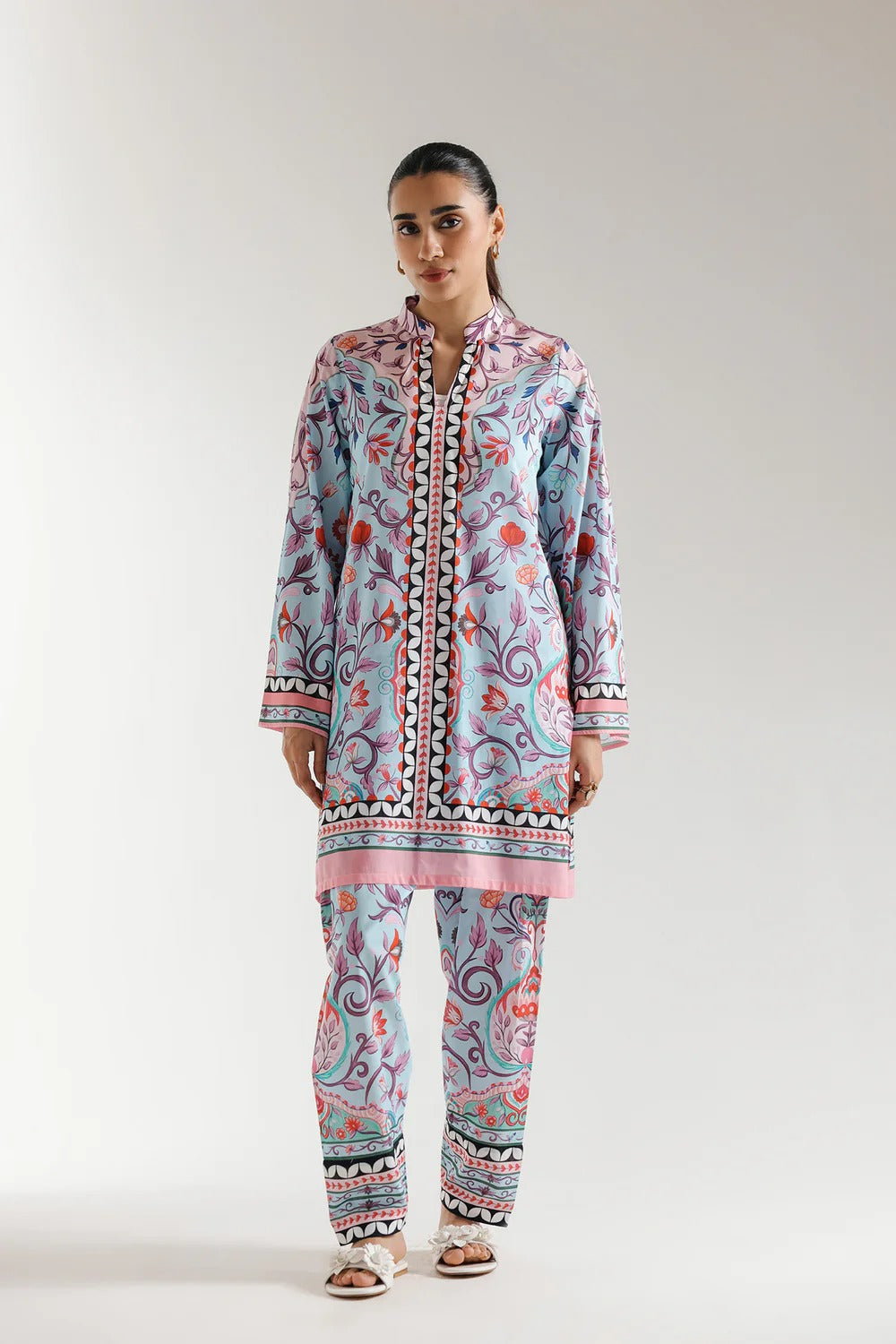 Baby Blue Color 2Piece Printed Co-Ord with Square Hem Shirt & Printed Trouser
