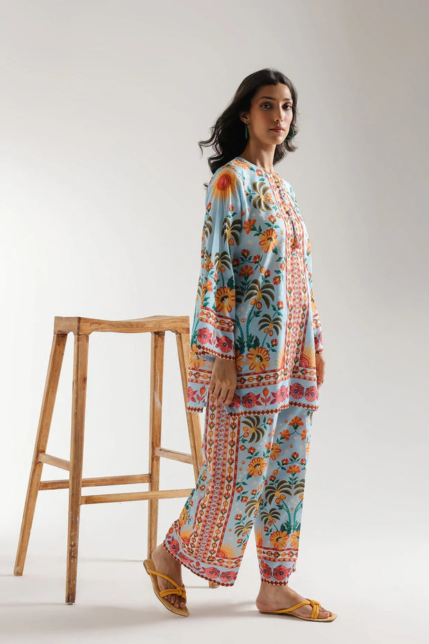 Sky Blue Stitched 2-Piece Lawn Suit with Tropical Vibes Digital Print