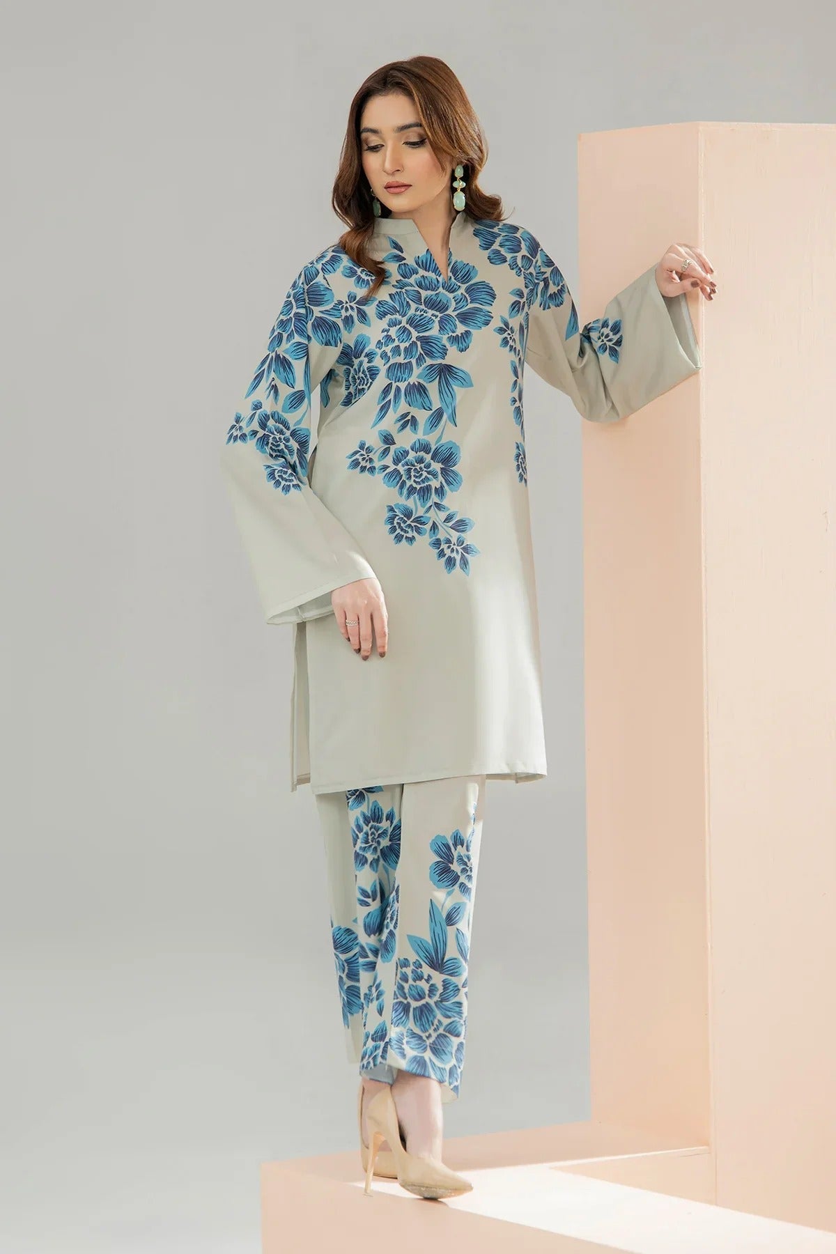 Stitched 2‑Piece Printed Shirt & Trouser – Mint Blossom Elegance