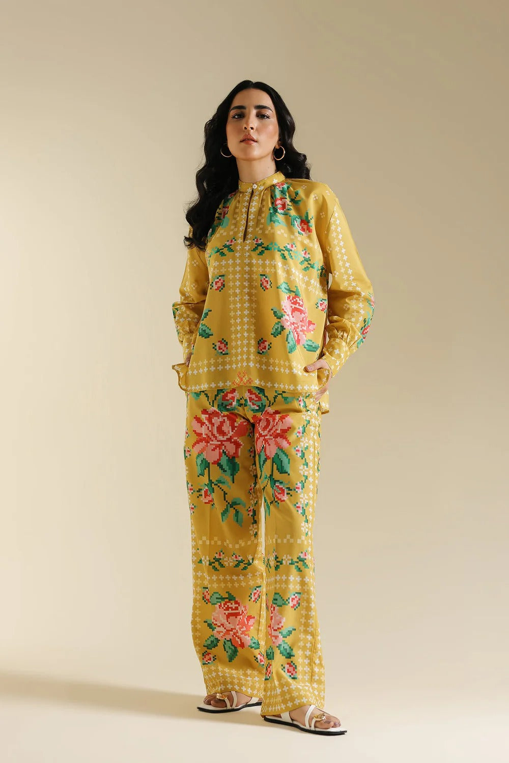 Mustard Yellow Digital Floral Print 2Pc Suit with Shirt Short Length & Trouser
