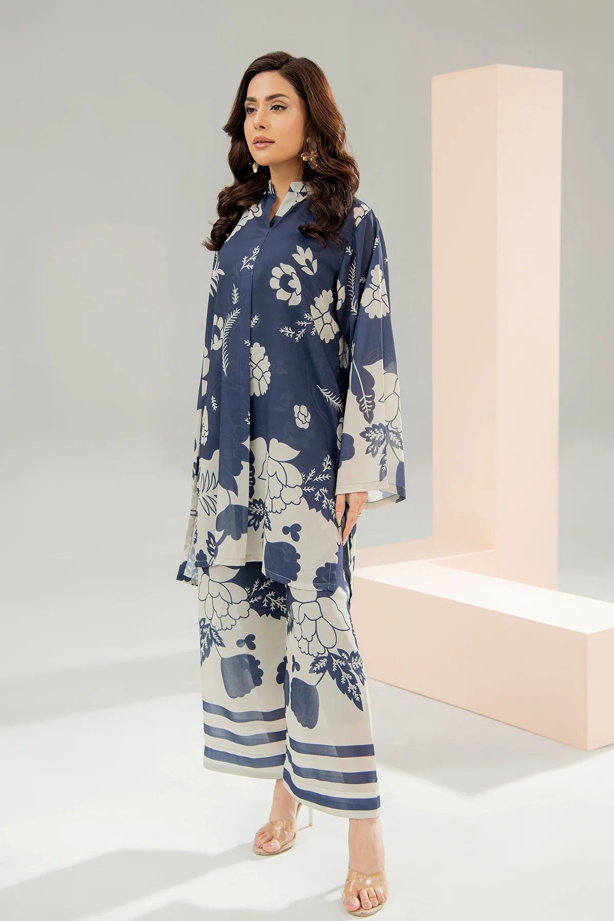 Navy Blue Floral Printed 2Pc Stitched Suit for Women with Stylish CoOrd Set