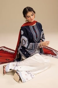 Luxury Navy Blue Embroidered Lawn 3PC Unstitched Suit & Printed Dupatta