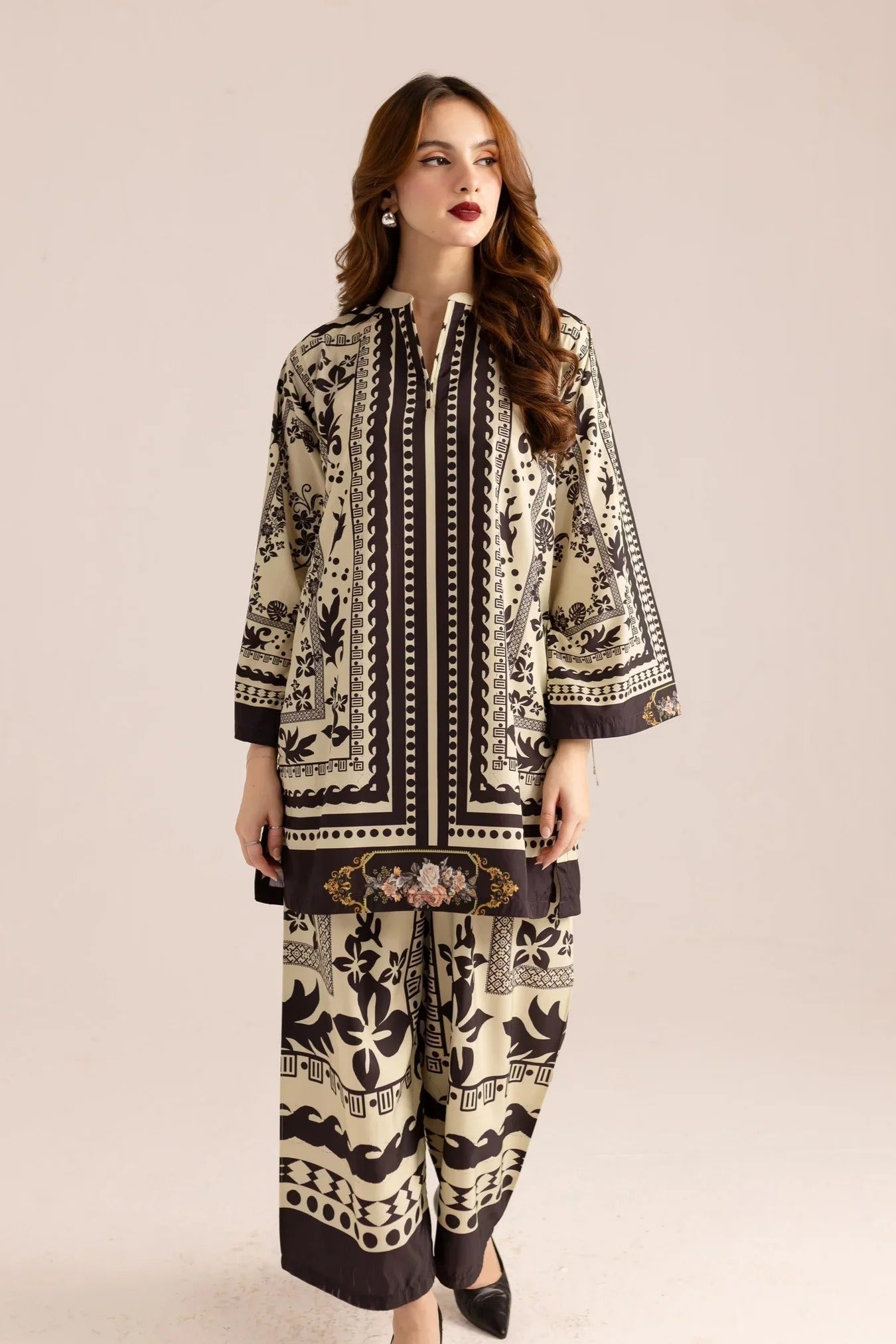 Stitched 2‑Piece Printed Shirt & Trouser – Monochrome Ornate Elegance
