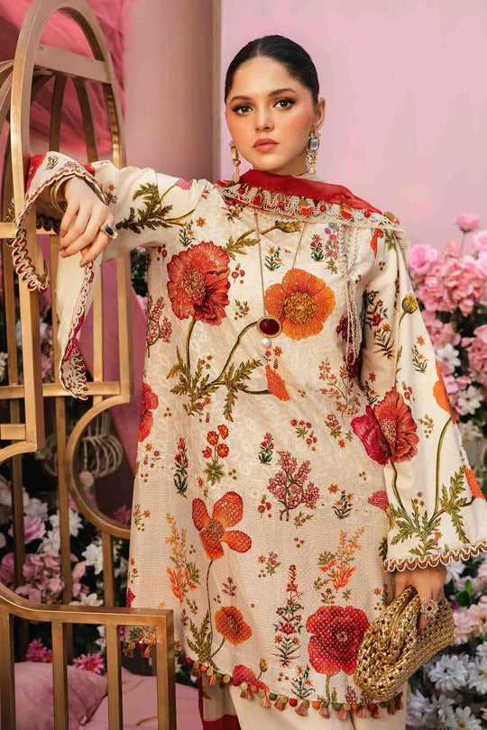 Ivory & Red Embroidered Lawn 3 Piece Suit with Dyed Cambric & Chiffon Dupatta