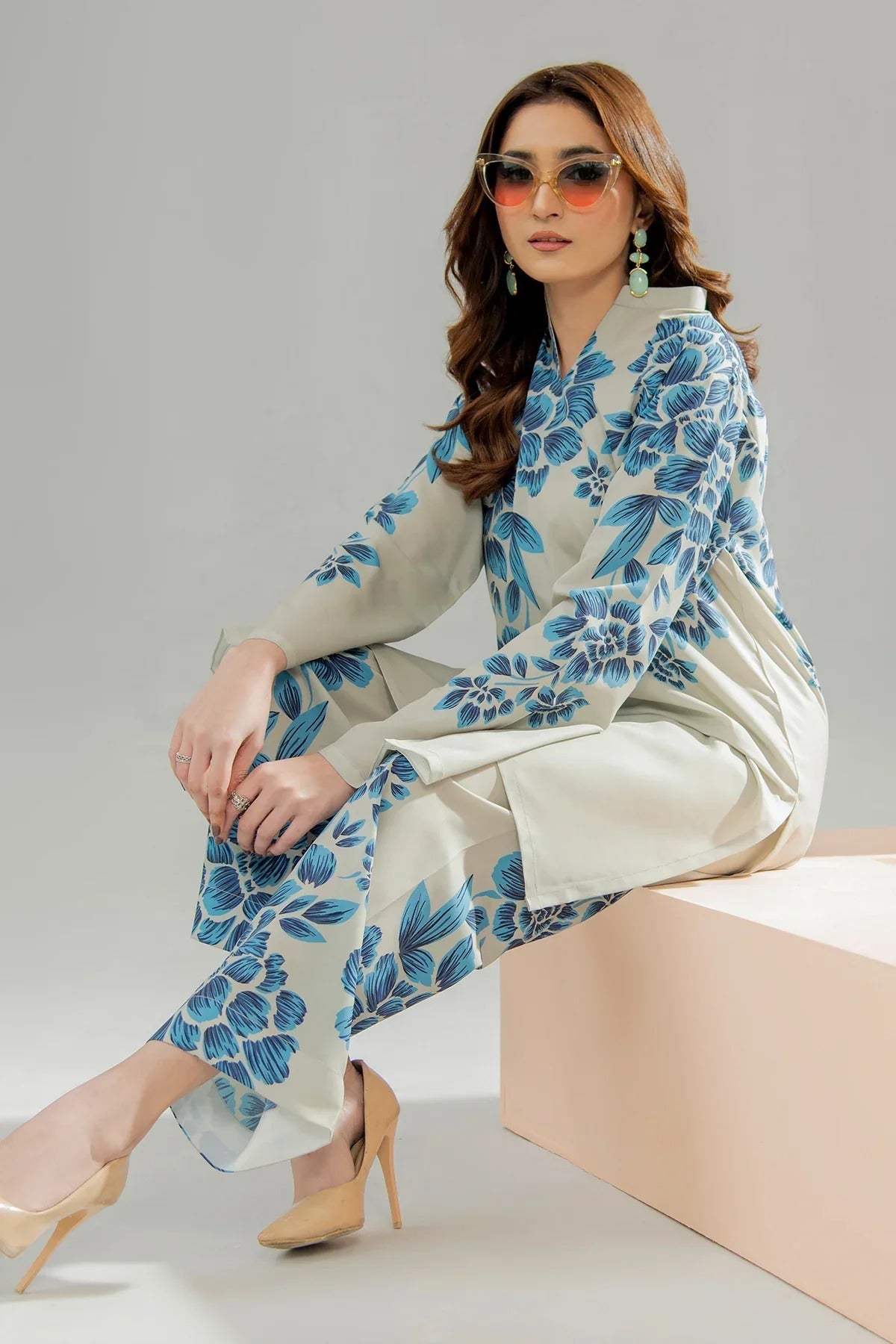 Stitched 2‑Piece Printed Shirt & Trouser – Mint Blossom Elegance