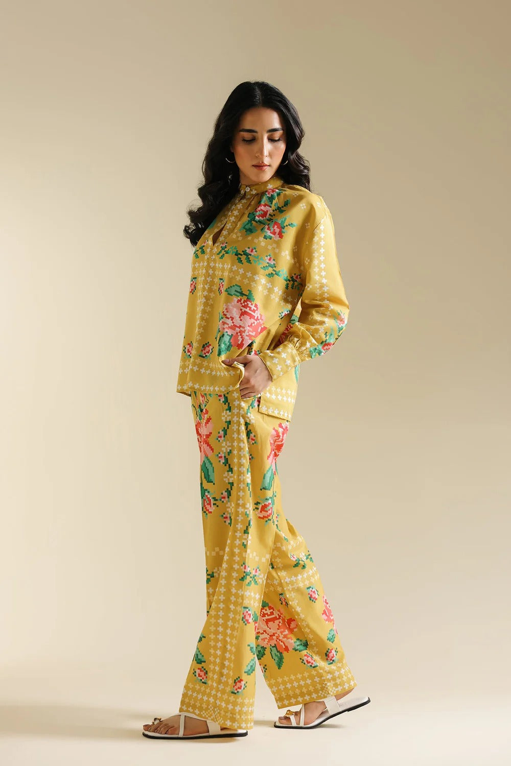 Mustard Yellow Digital Floral Print 2Pc Suit with Shirt Short Length & Trouser