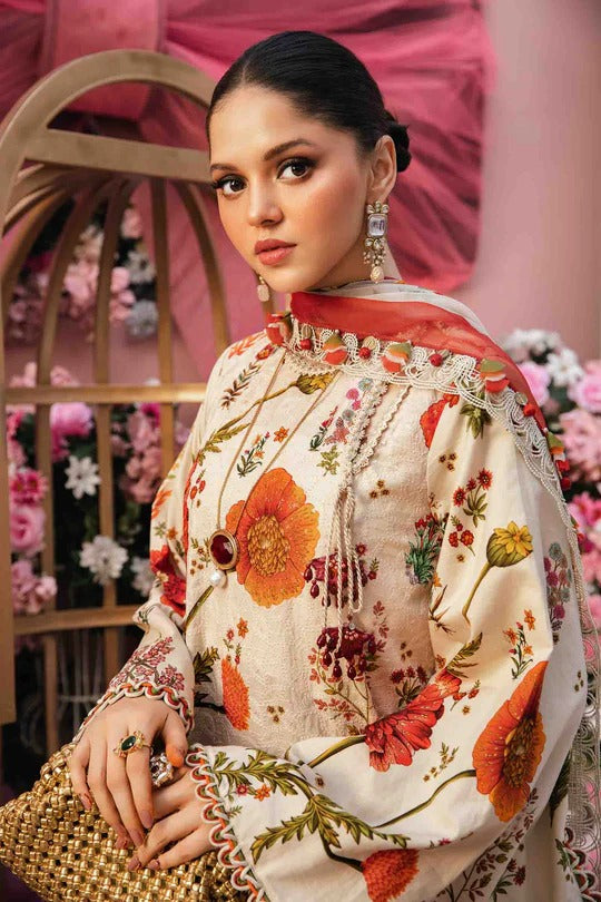 Ivory & Red Embroidered Lawn 3 Piece Suit with Dyed Cambric & Chiffon Dupatta
