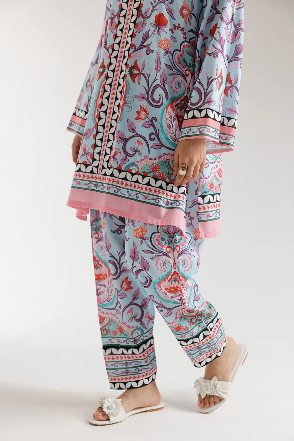 Baby Blue Color 2Piece Printed Co-Ord with Square Hem Shirt & Printed Trouser