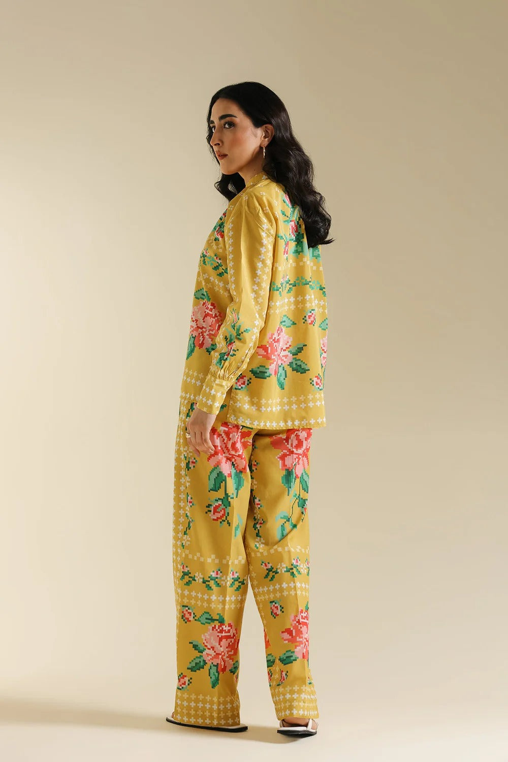 Mustard Yellow Digital Floral Print 2Pc Suit with Shirt Short Length & Trouser