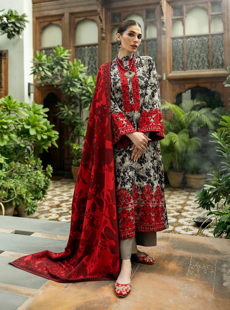 Zainab Chottani Embroidered Unstitched 3 Piece Suit – Aari Work on Grey with Red Accents