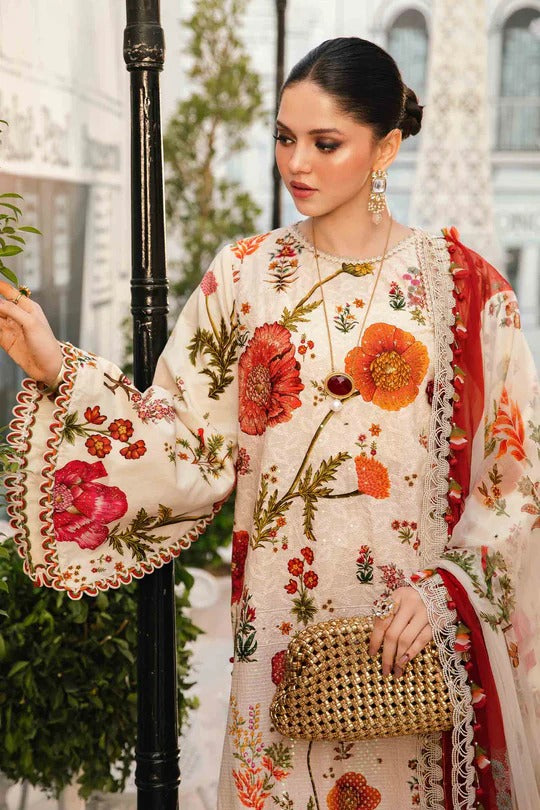 Ivory & Red Embroidered Lawn 3 Piece Suit with Dyed Cambric & Chiffon Dupatta
